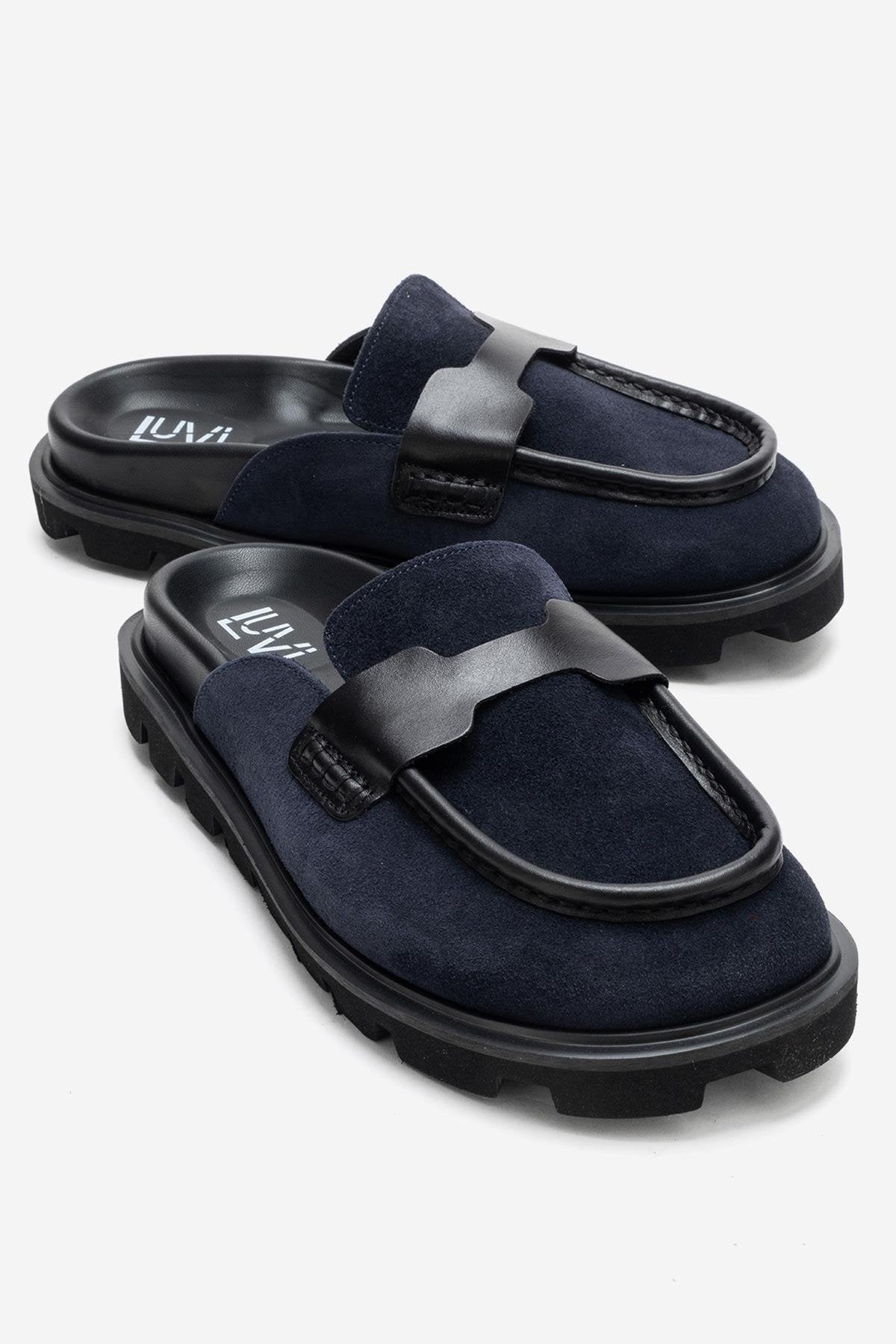 VELA - Navy Genuine Suede Leather Low Heel Mule (Women)