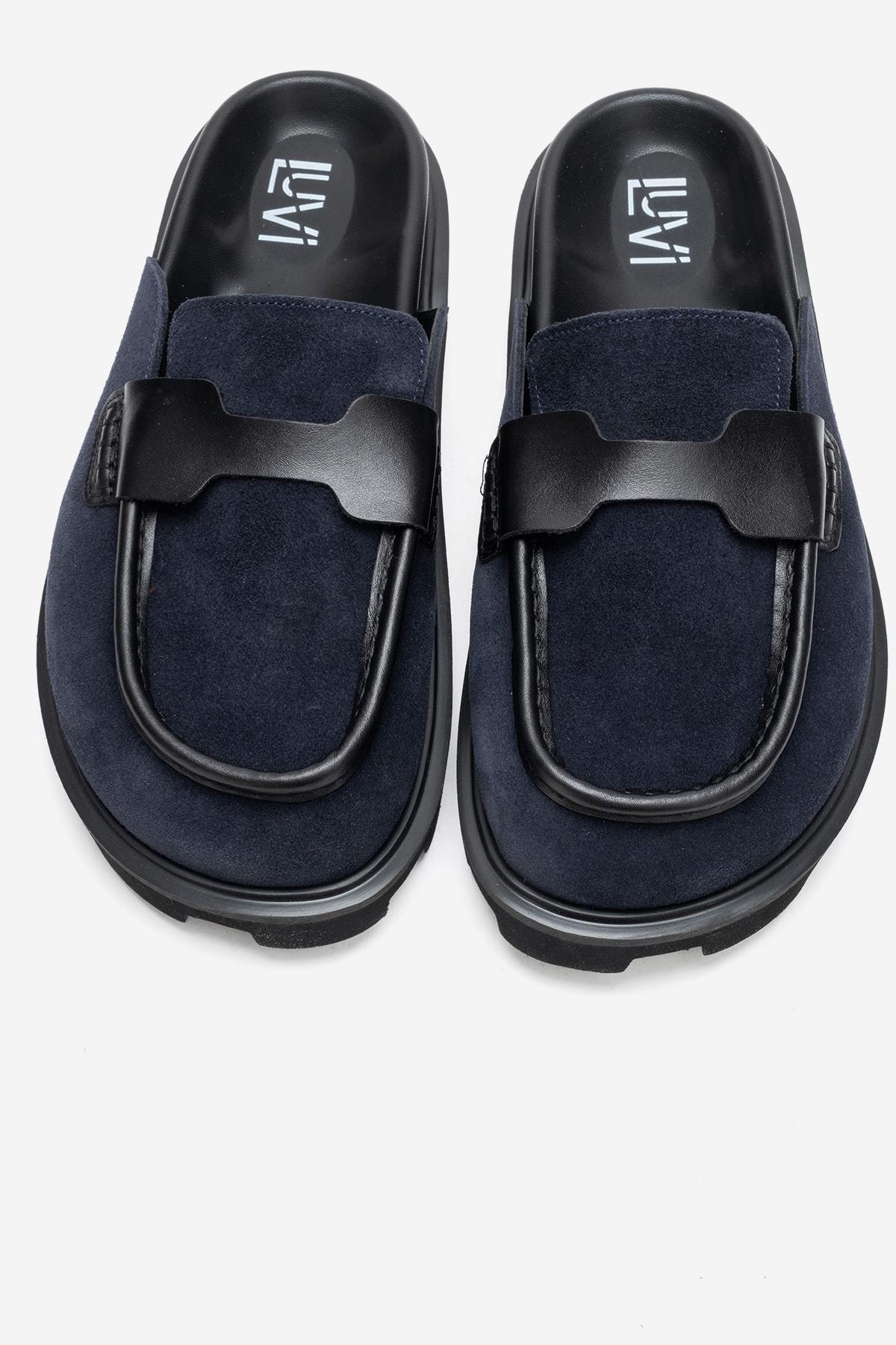 VELA - Navy Genuine Suede Leather Low Heel Mule (Women)