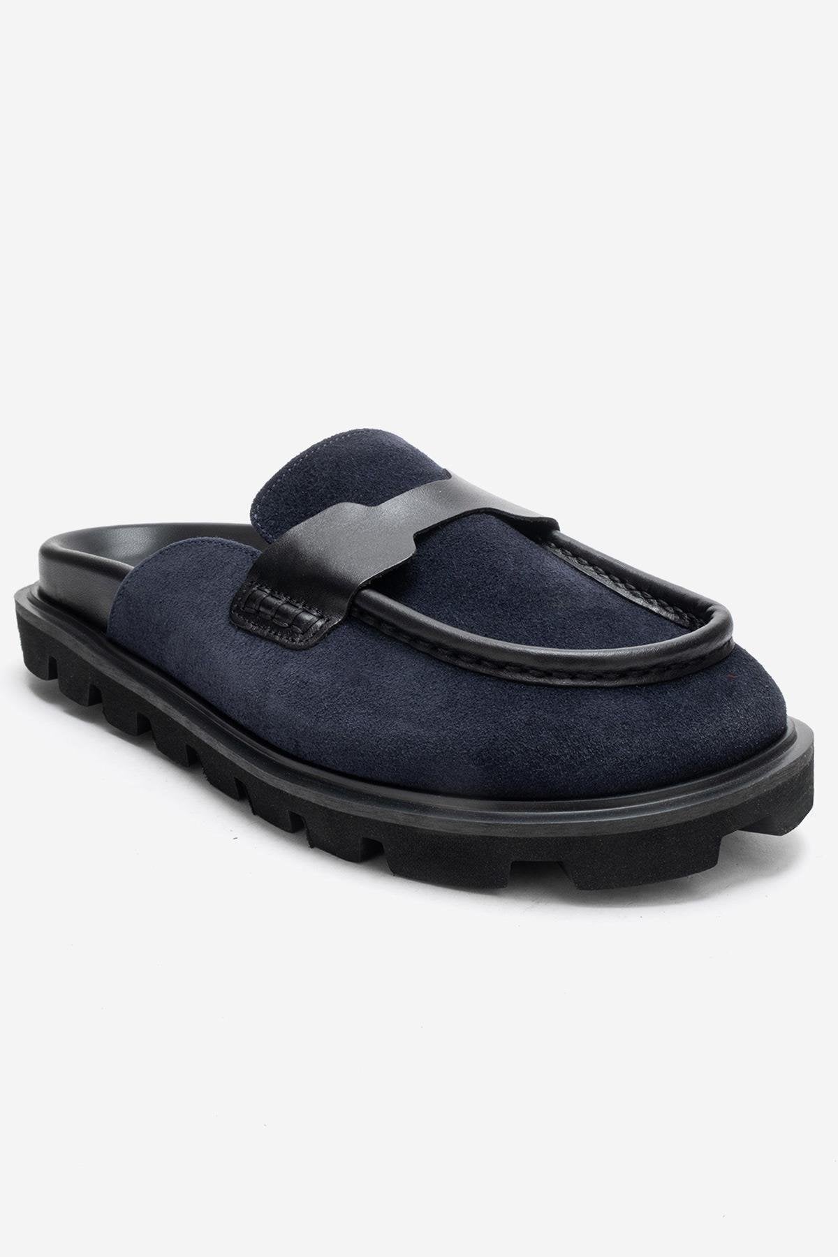 VELA - Navy Genuine Suede Leather Low Heel Mule (Women)