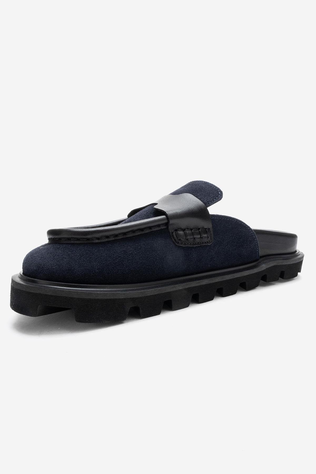VELA - Navy Genuine Suede Leather Low Heel Mule (Women)