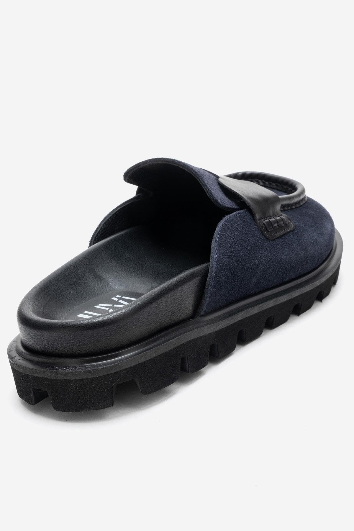 VELA - Navy Genuine Suede Leather Low Heel Mule (Women)