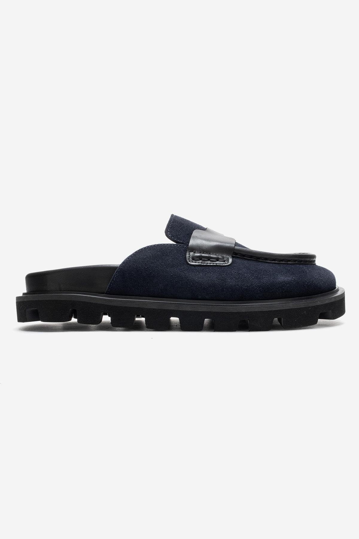 VELA - Navy Genuine Suede Leather Low Heel Mule (Women)