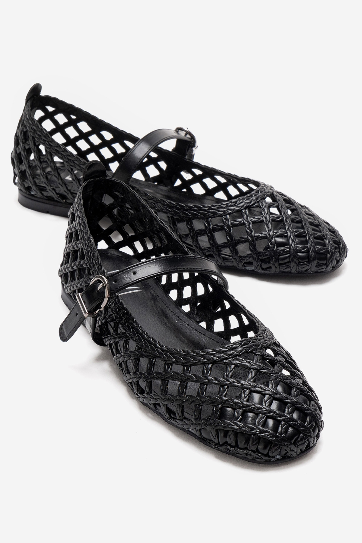 DOUX - Black Genuine Leather Braided Textured Band Ballet Flat (Women)