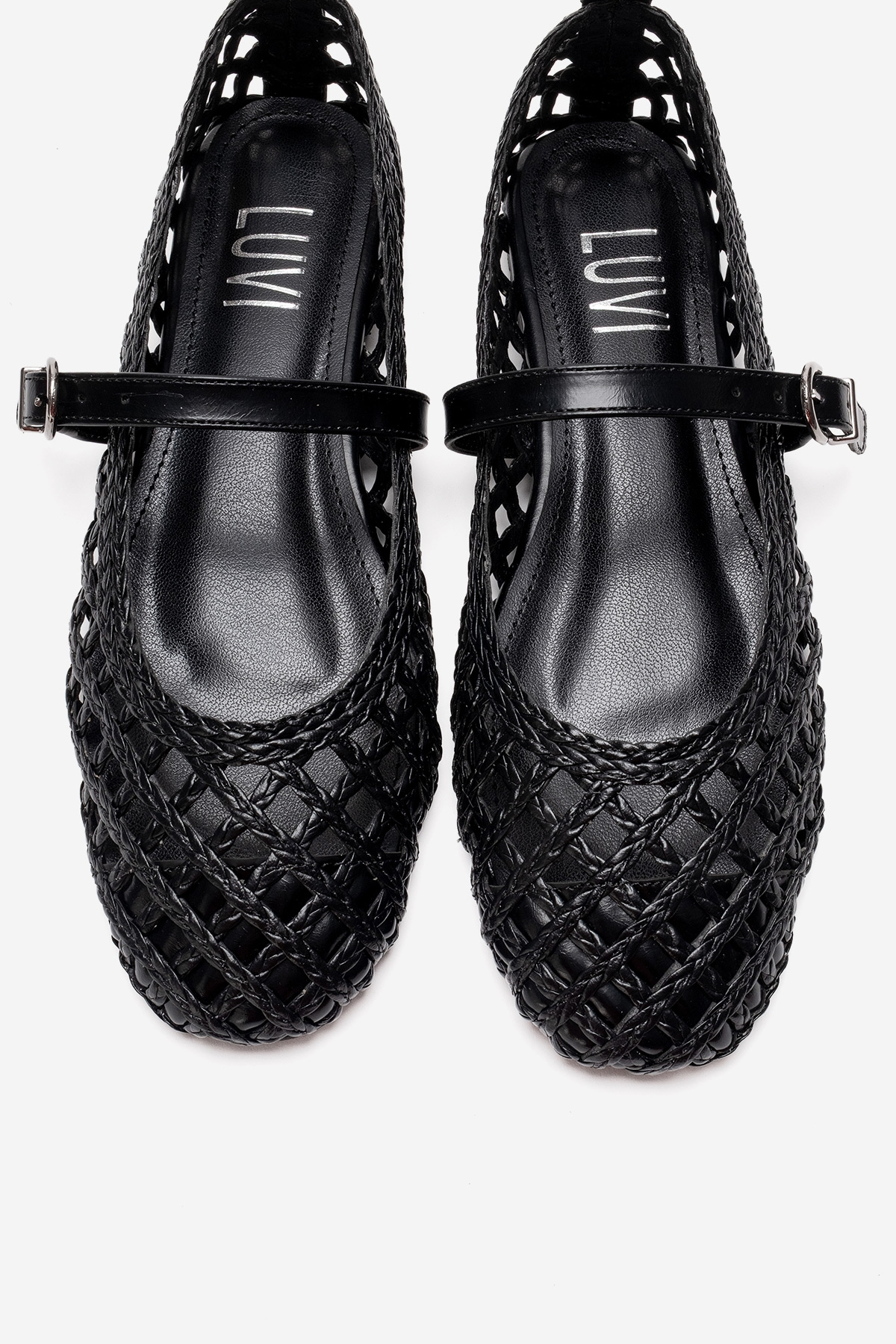 DOUX - Black Genuine Leather Braided Textured Band Ballet Flat (Women)