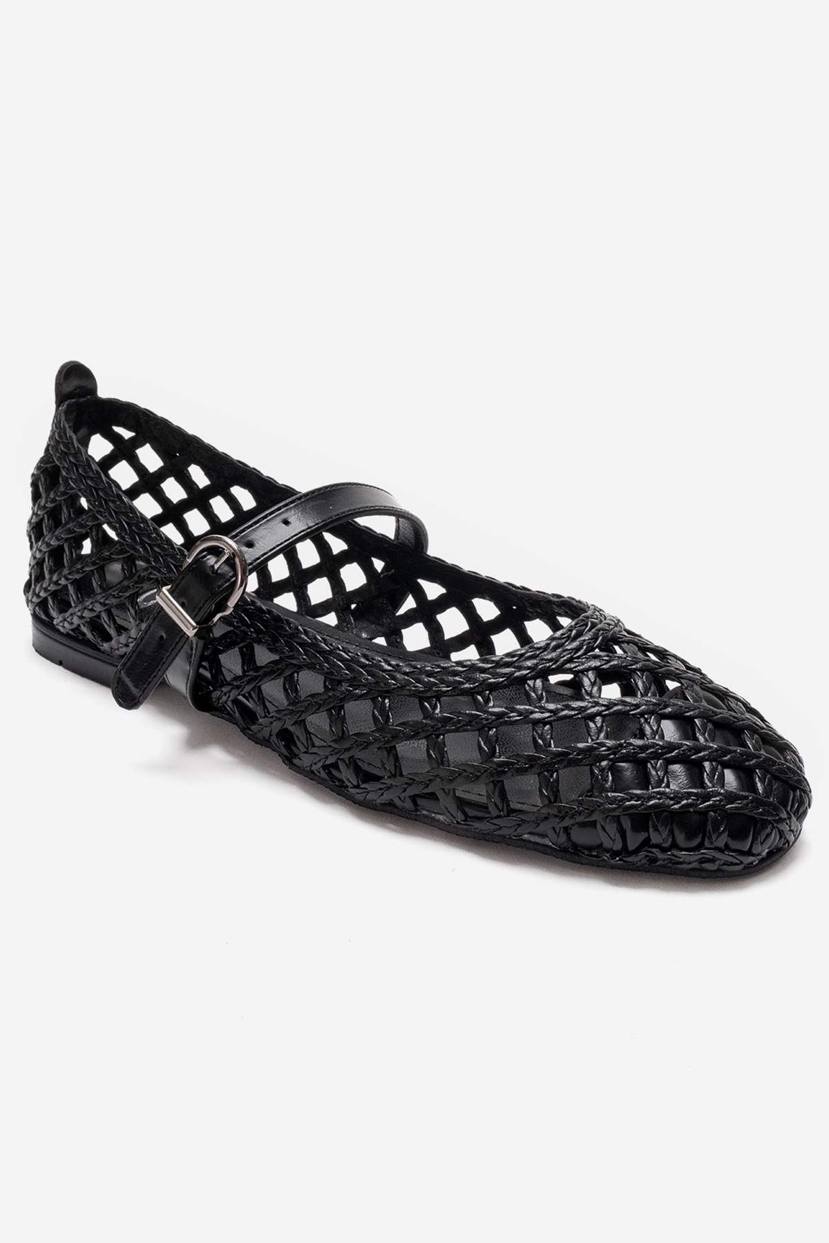 DOUX - Black Genuine Leather Braided Textured Band Ballet Flat (Women)
