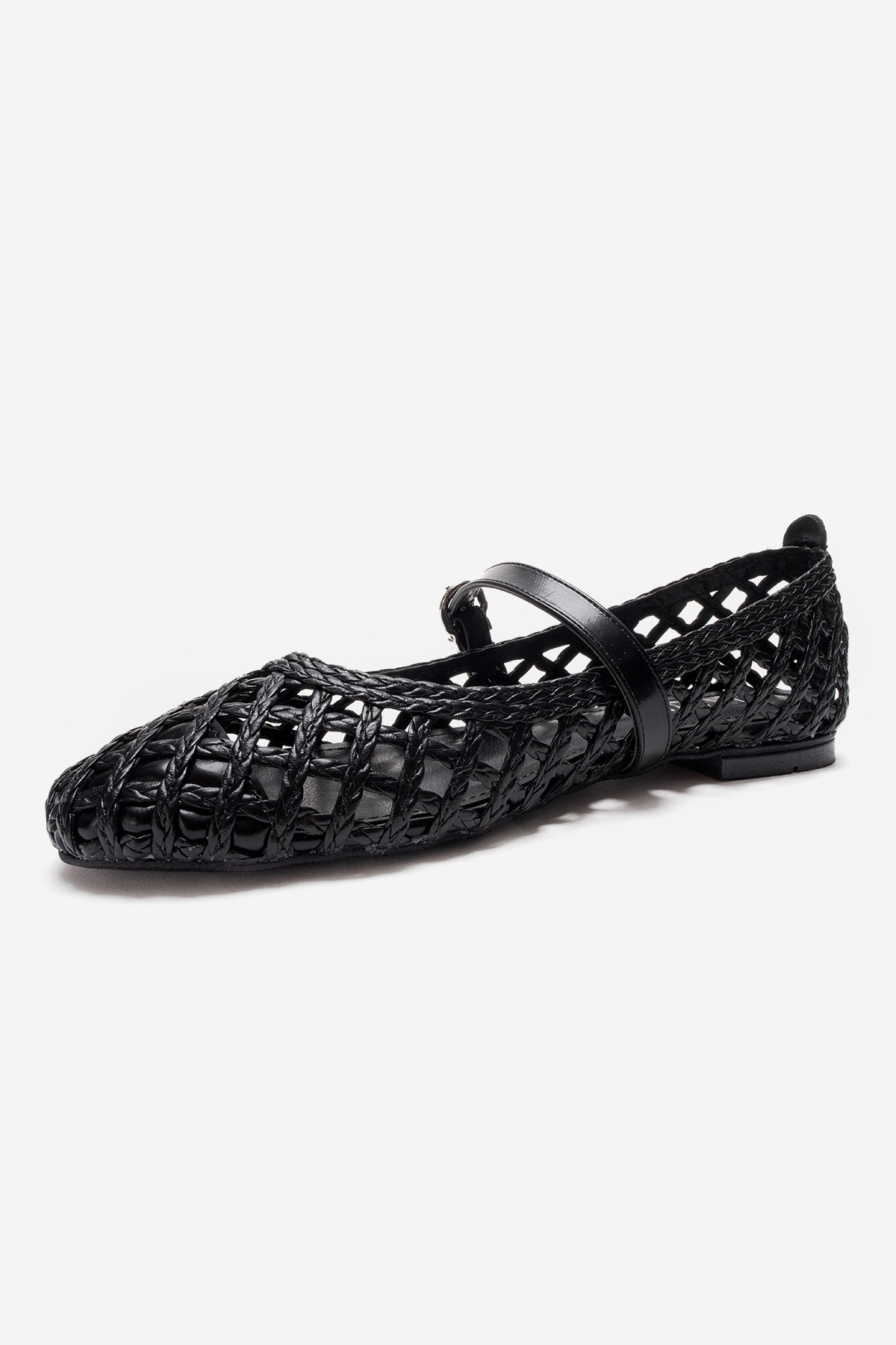 DOUX - Black Genuine Leather Braided Textured Band Ballet Flat (Women)