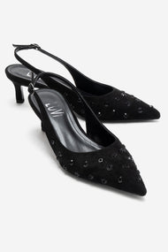 Lorex - Black Suede Embellished Stiletto Heel Pump (Women)
