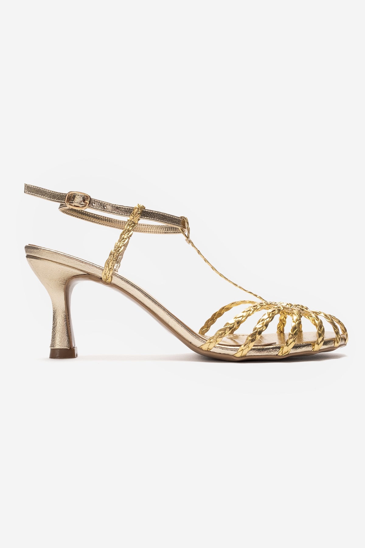 Gerald - Gold Genuine Leather Woven Strap Stiletto Pump (Women)