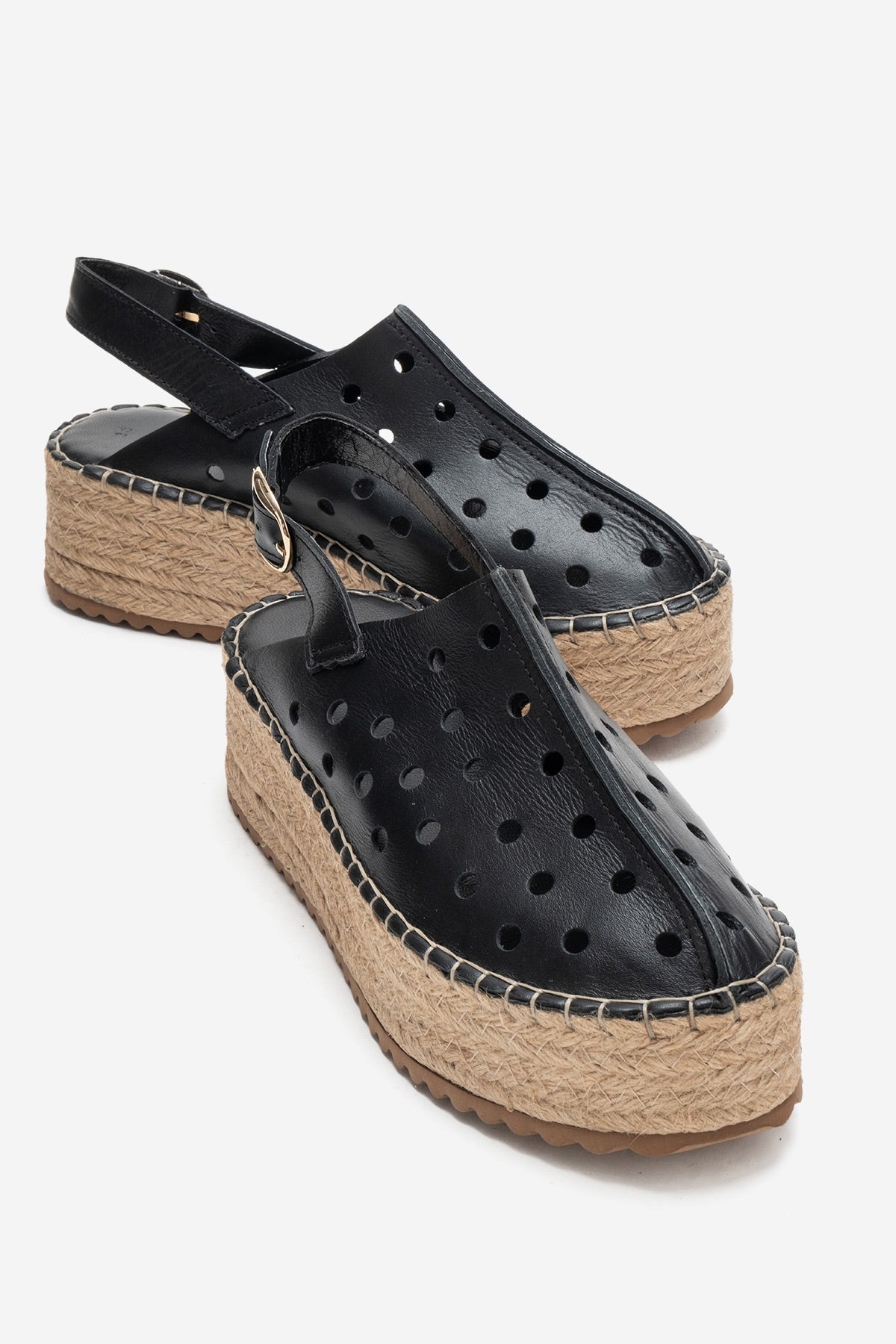 FRAGA - Black Genuine Leather Woven Platform Sandal (Women)