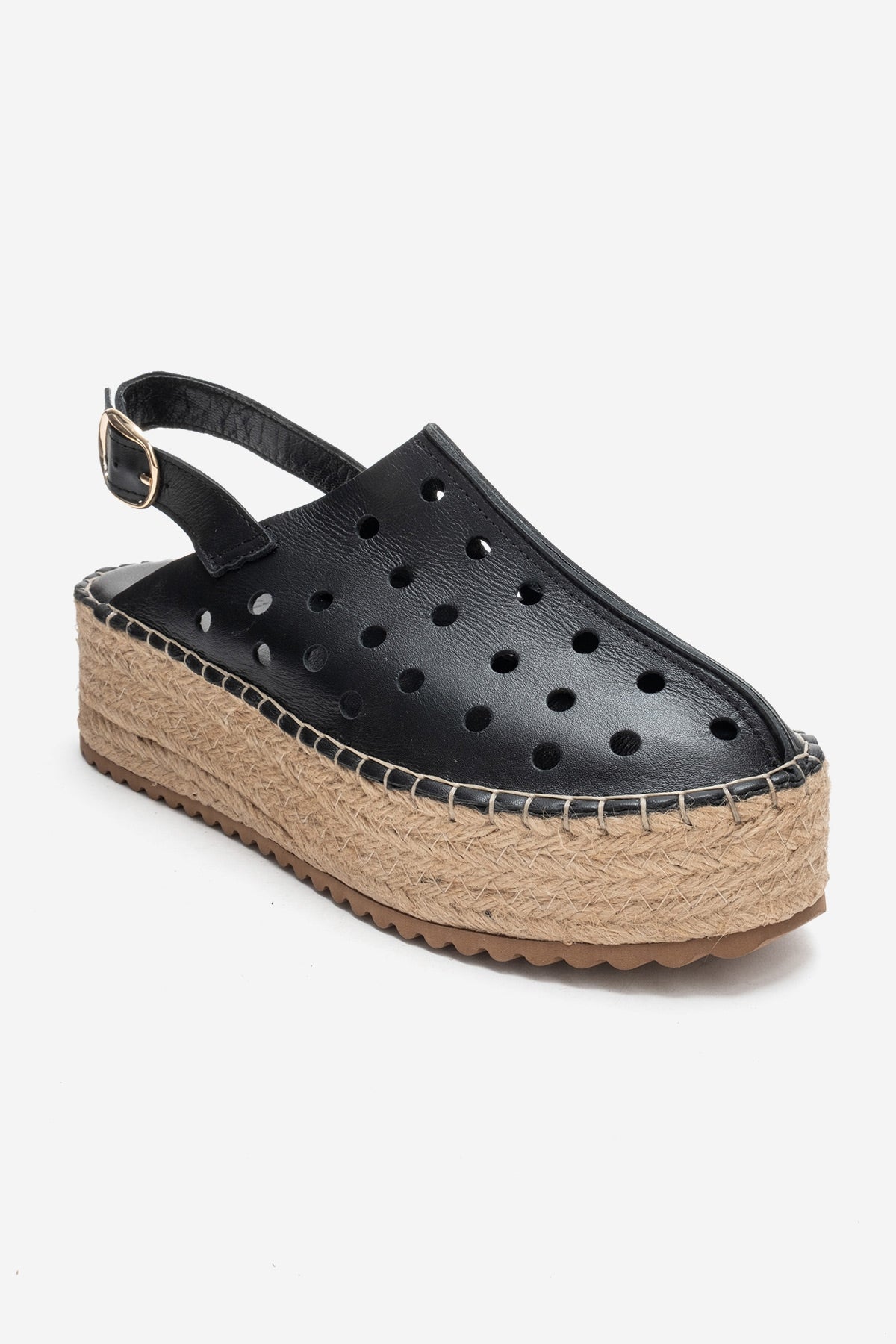 FRAGA - Black Genuine Leather Woven Platform Sandal (Women)