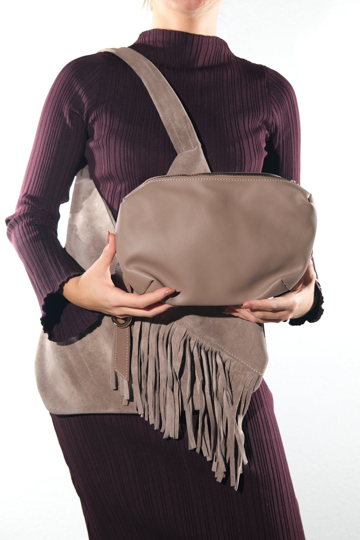 NOCHE - Taupe Genuine Suede Leather Tassel Shoulder Bag (Women)