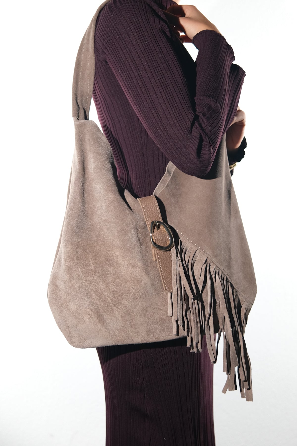 NOCHE - Taupe Genuine Suede Leather Tassel Shoulder Bag (Women)
