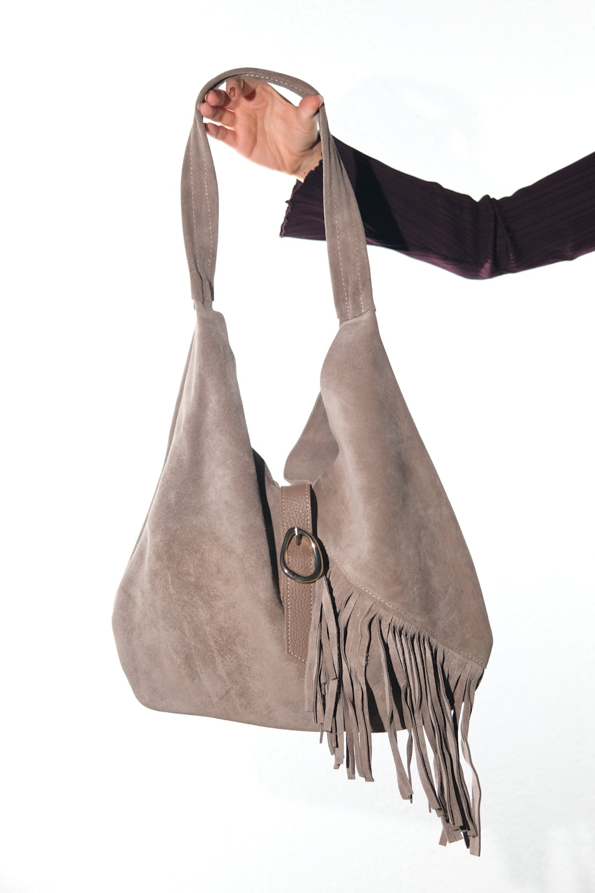 NOCHE - Taupe Genuine Suede Leather Tassel Shoulder Bag (Women)
