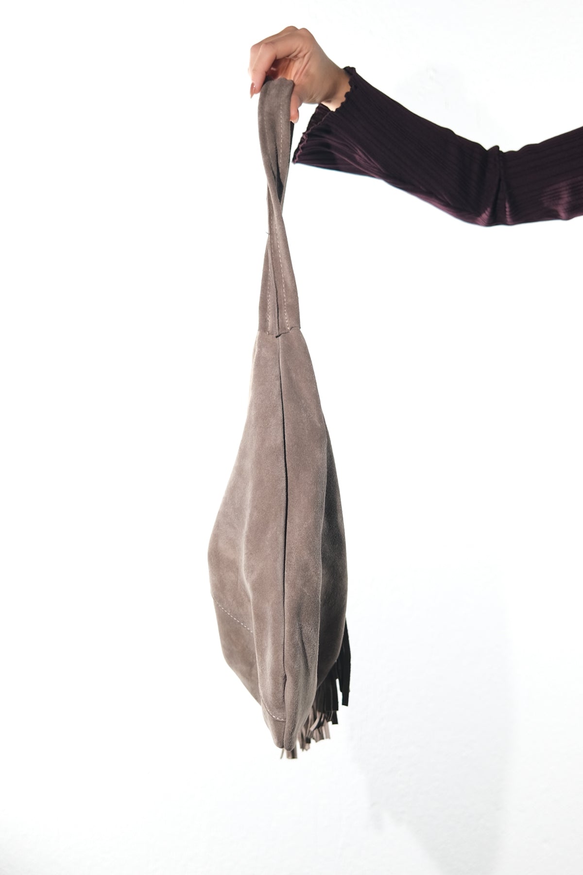 NOCHE - Taupe Genuine Suede Leather Tassel Shoulder Bag (Women)