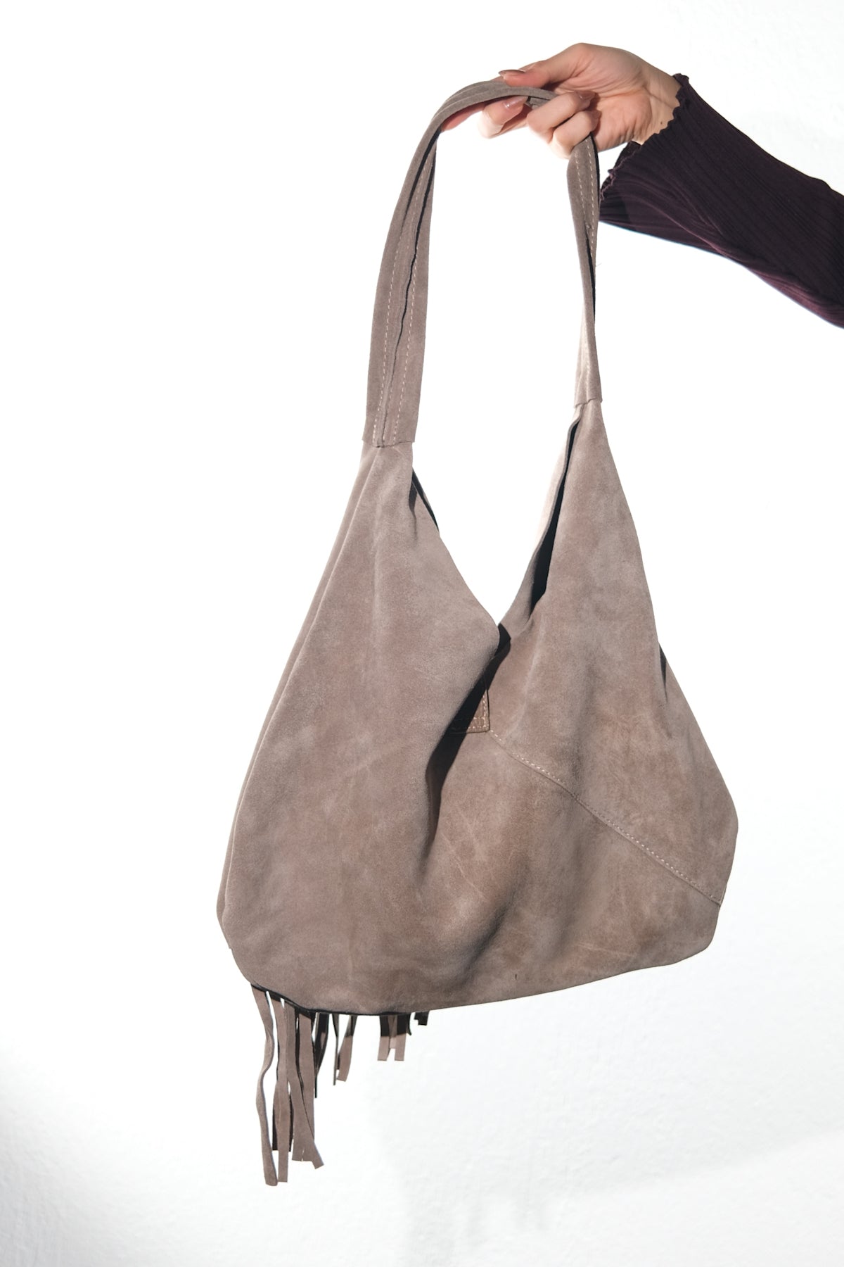 NOCHE - Taupe Genuine Suede Leather Tassel Shoulder Bag (Women)