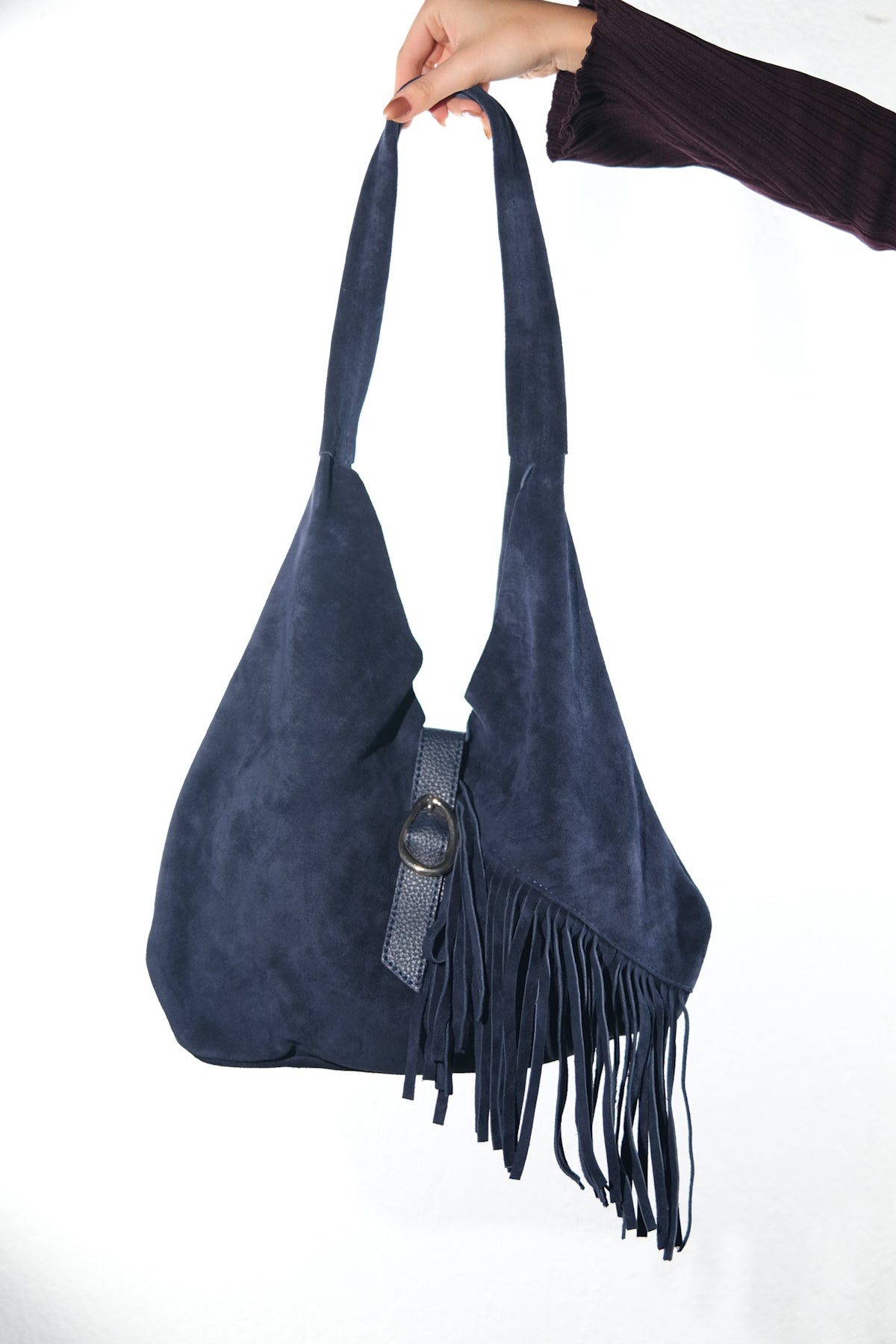 NOCHE - Navy Genuine Suede Leather Tassel Shoulder Bag (Women)