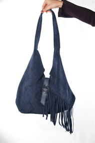 NOCHE - Navy Genuine Suede Leather Tassel Shoulder Bag (Women)