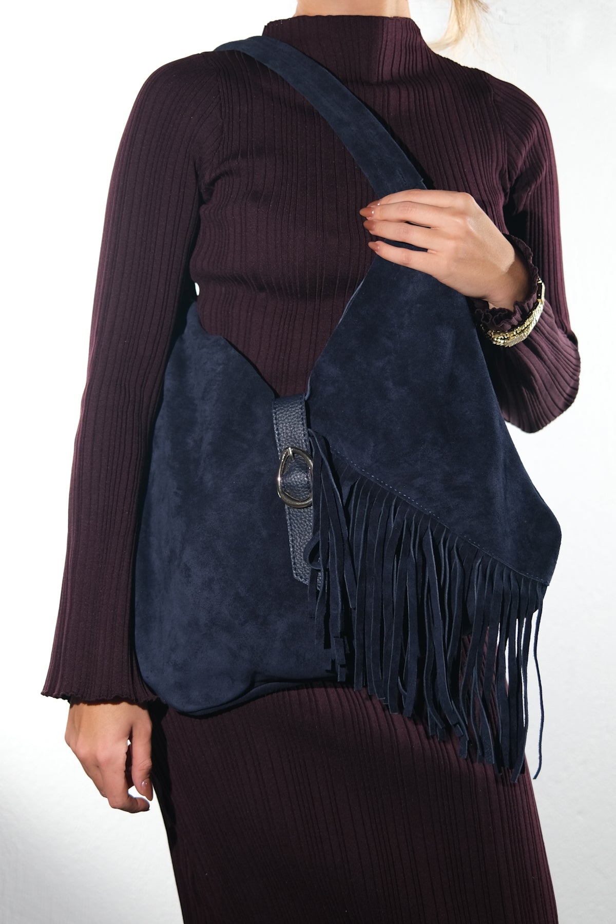 NOCHE - Navy Genuine Suede Leather Tassel Shoulder Bag (Women)