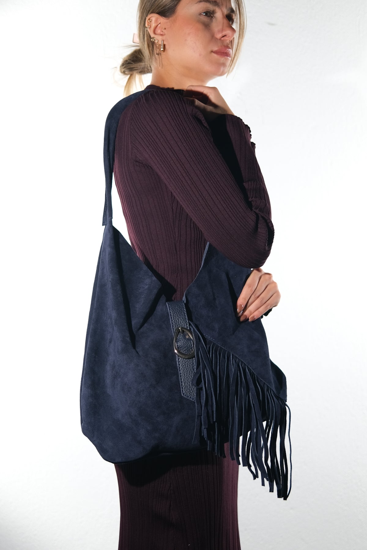 NOCHE - Navy Genuine Suede Leather Tassel Shoulder Bag (Women)