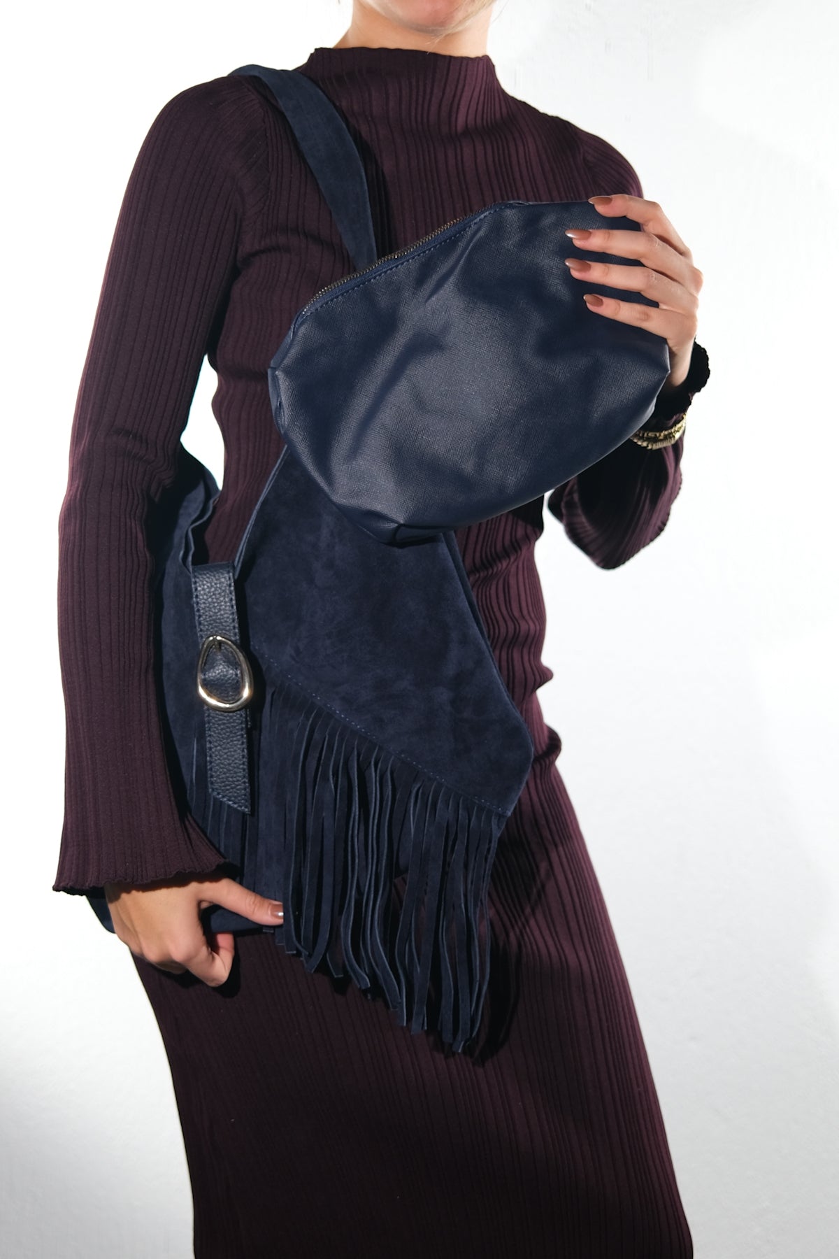 NOCHE - Navy Genuine Suede Leather Tassel Shoulder Bag (Women)