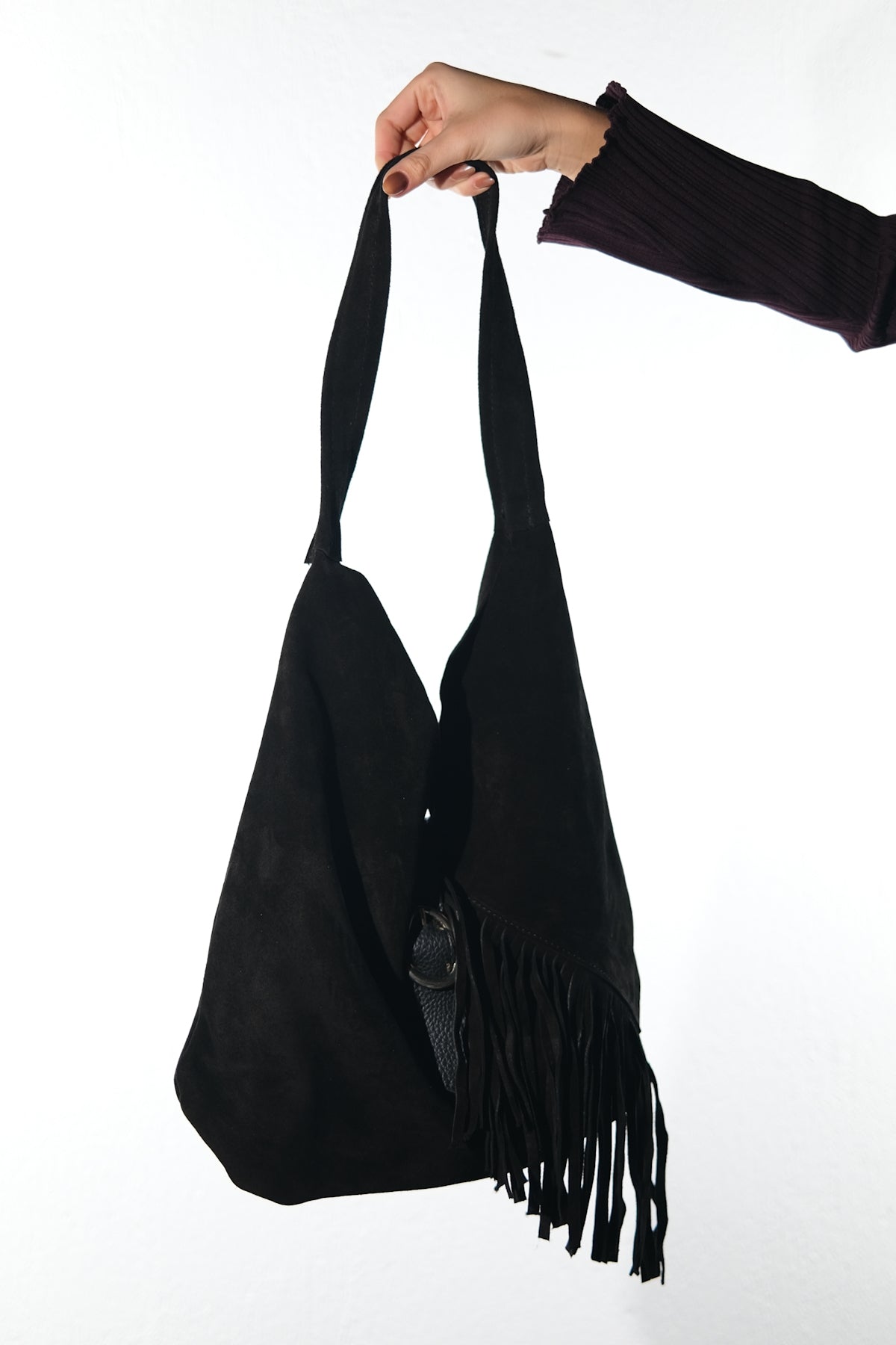NOCHE - Black Genuine Suede Leather Tassel Shoulder Bag (Women)