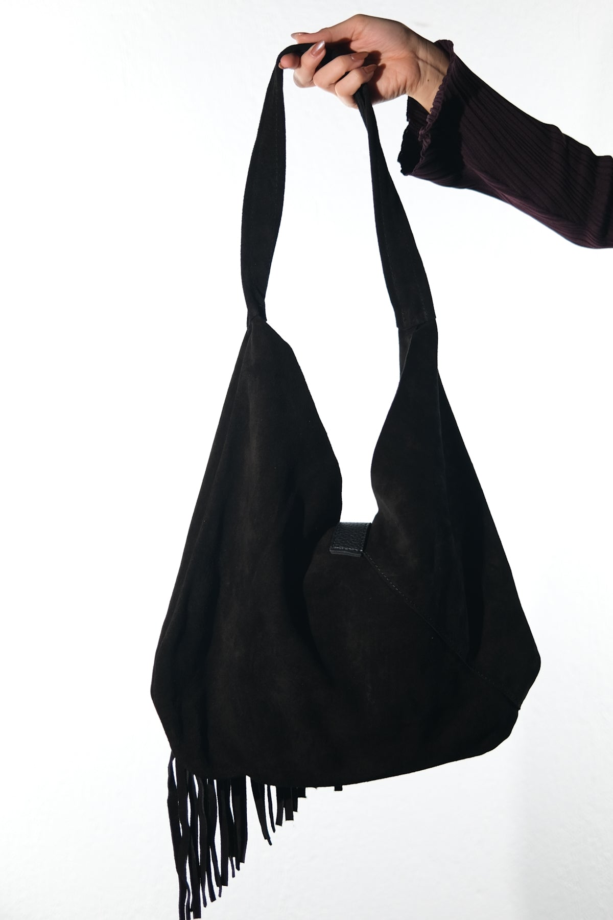 NOCHE - Black Genuine Suede Leather Tassel Shoulder Bag (Women)