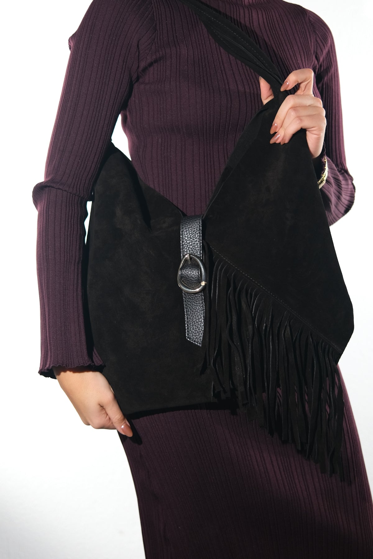 NOCHE - Black Genuine Suede Leather Tassel Shoulder Bag (Women)