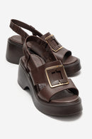 Lucia - Brown Buckle Genuine Leather Wedge Heel Sandal (Women)
