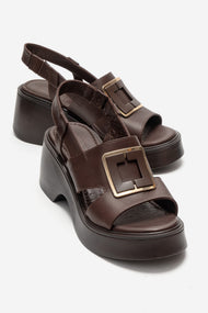 Lucia - Brown Buckle Genuine Leather Wedge Heel Sandal (Women)