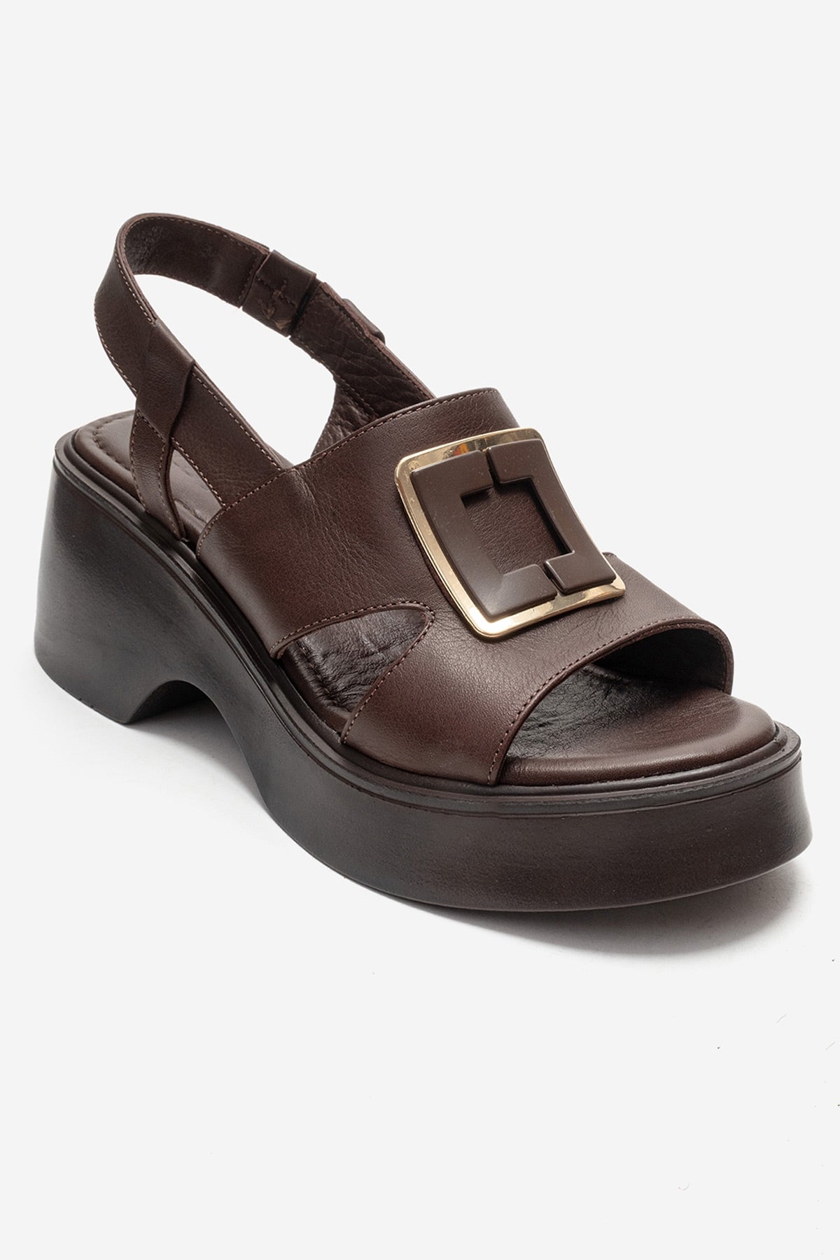 Lucia - Brown Buckle Genuine Leather Wedge Heel Sandal (Women)