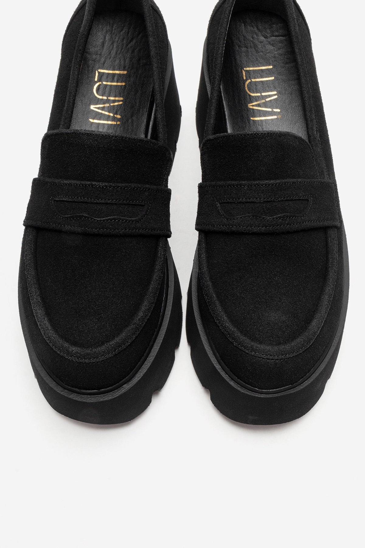 Santia - Black Suede Thick Platform Loafer (Women)