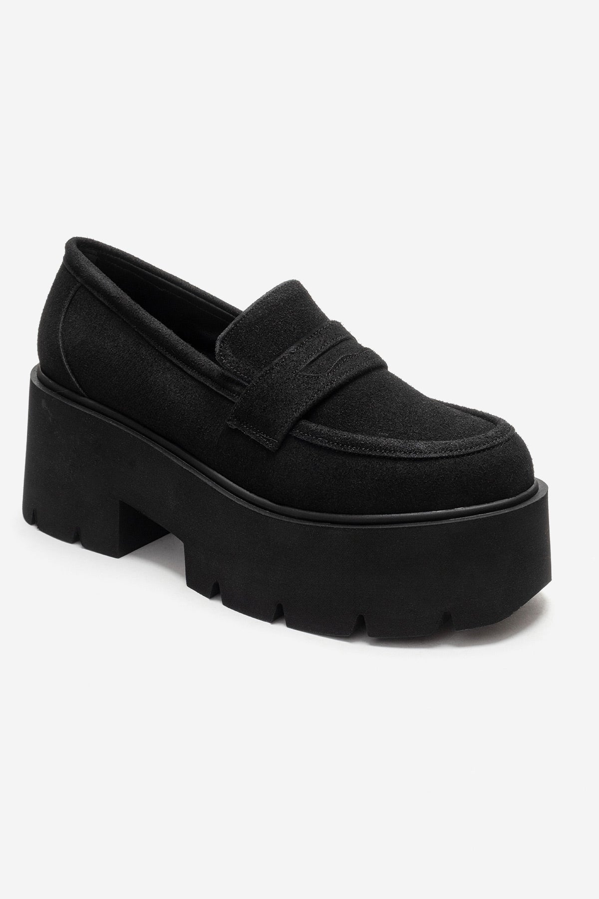 Santia - Black Suede Thick Platform Loafer (Women)
