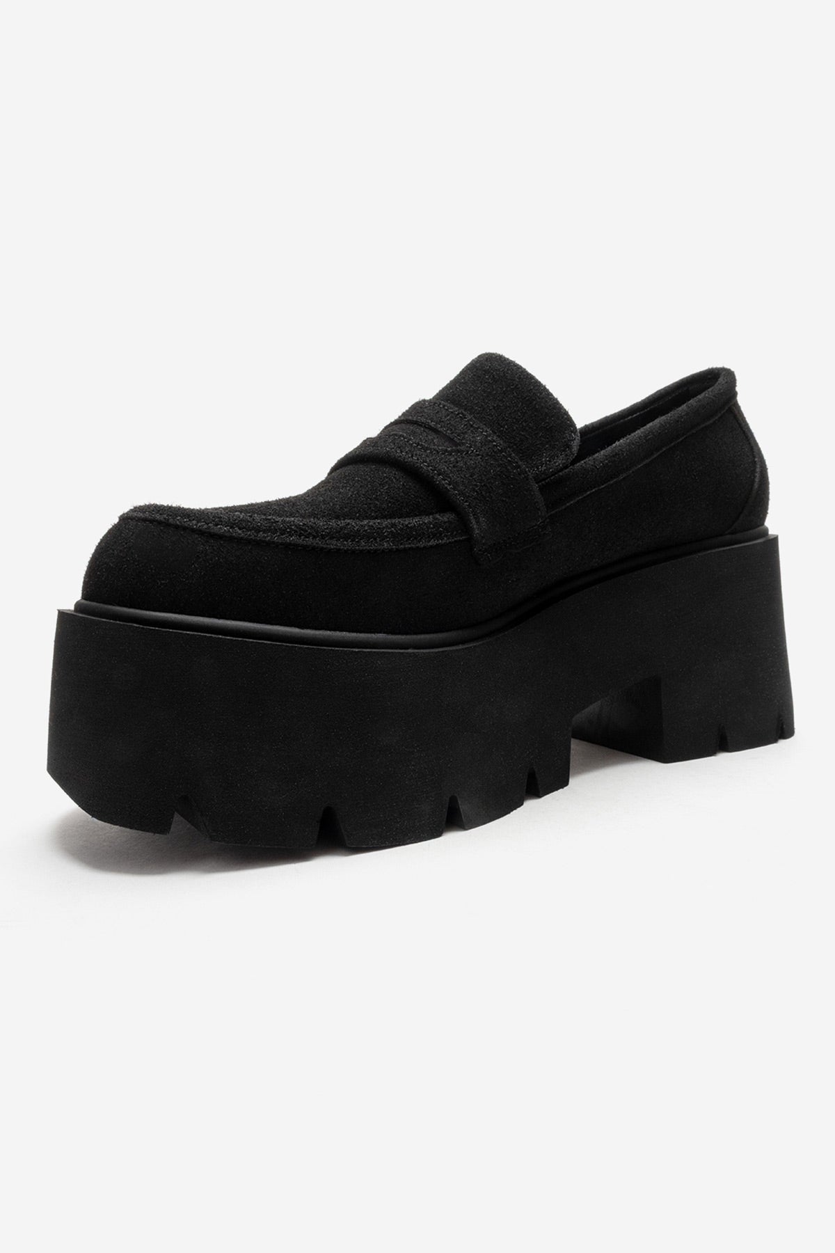Santia - Black Suede Thick Platform Loafer (Women)