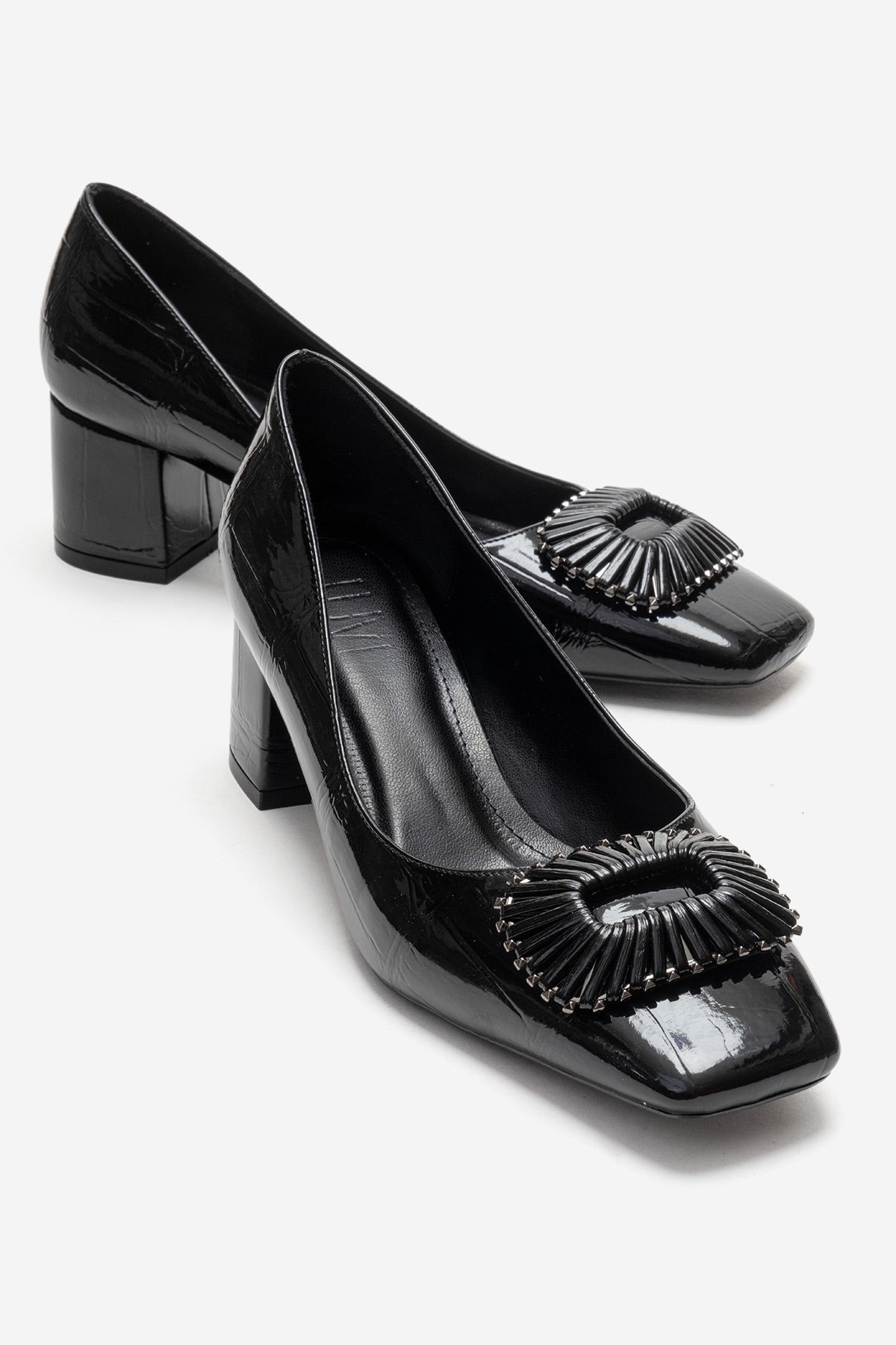 VELORA - Black Buckled Block Heel Shoe (Women)