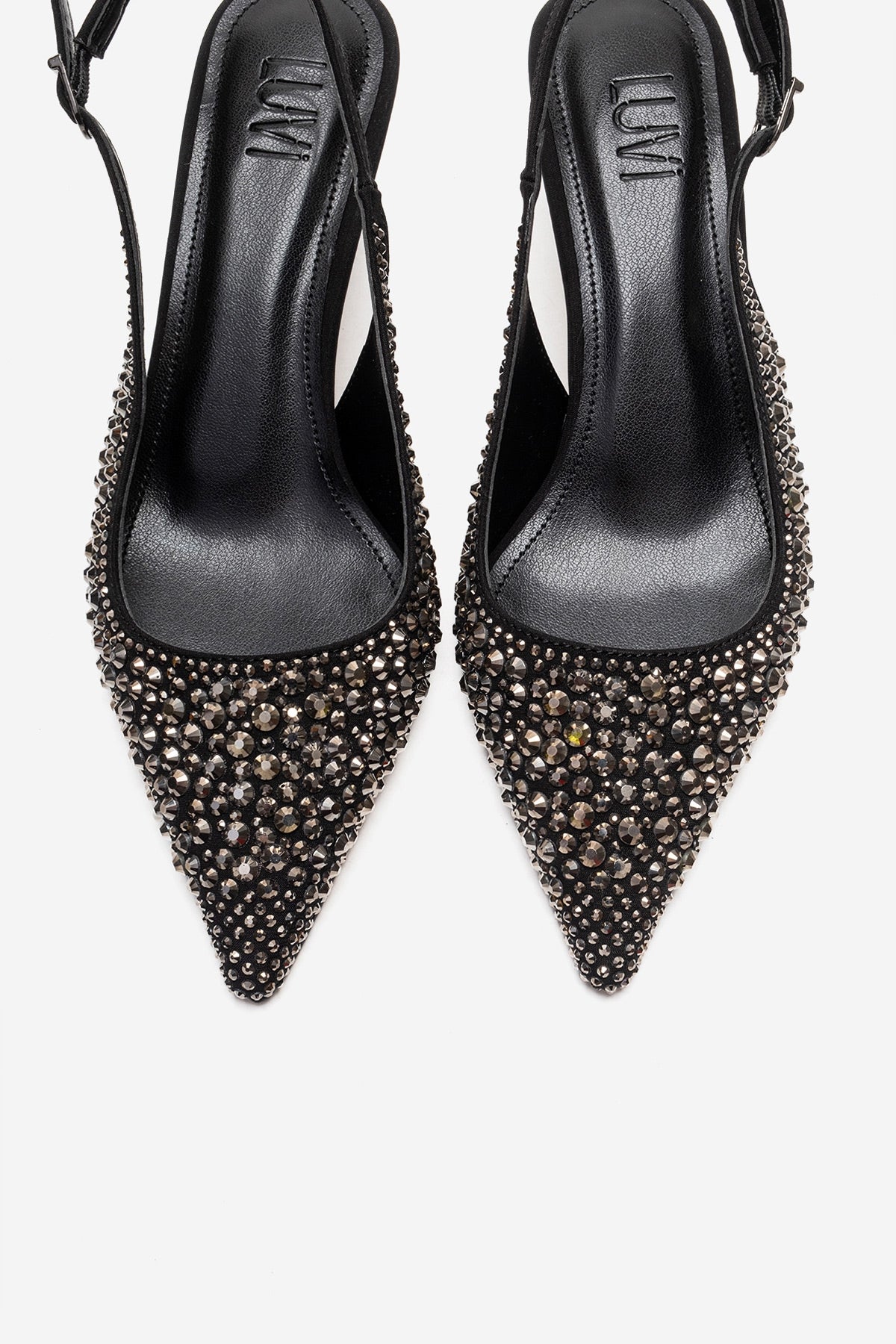THEA - Black Genuine Leather Platinum-Crystal-Embellished Kitten Heel (Women)