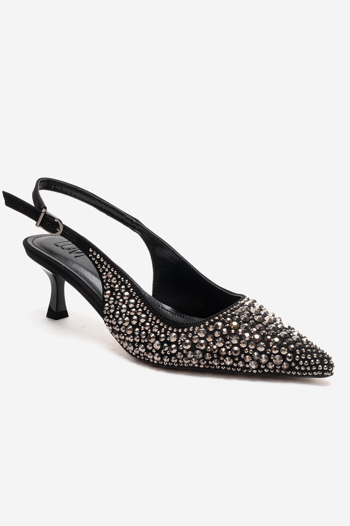 THEA - Black Genuine Leather Platinum-Crystal-Embellished Kitten Heel (Women)