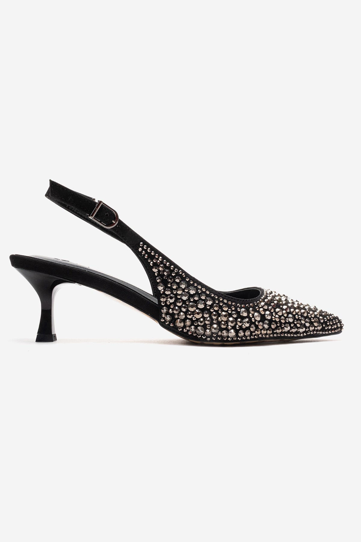 THEA - Black Genuine Leather Platinum-Crystal-Embellished Kitten Heel (Women)
