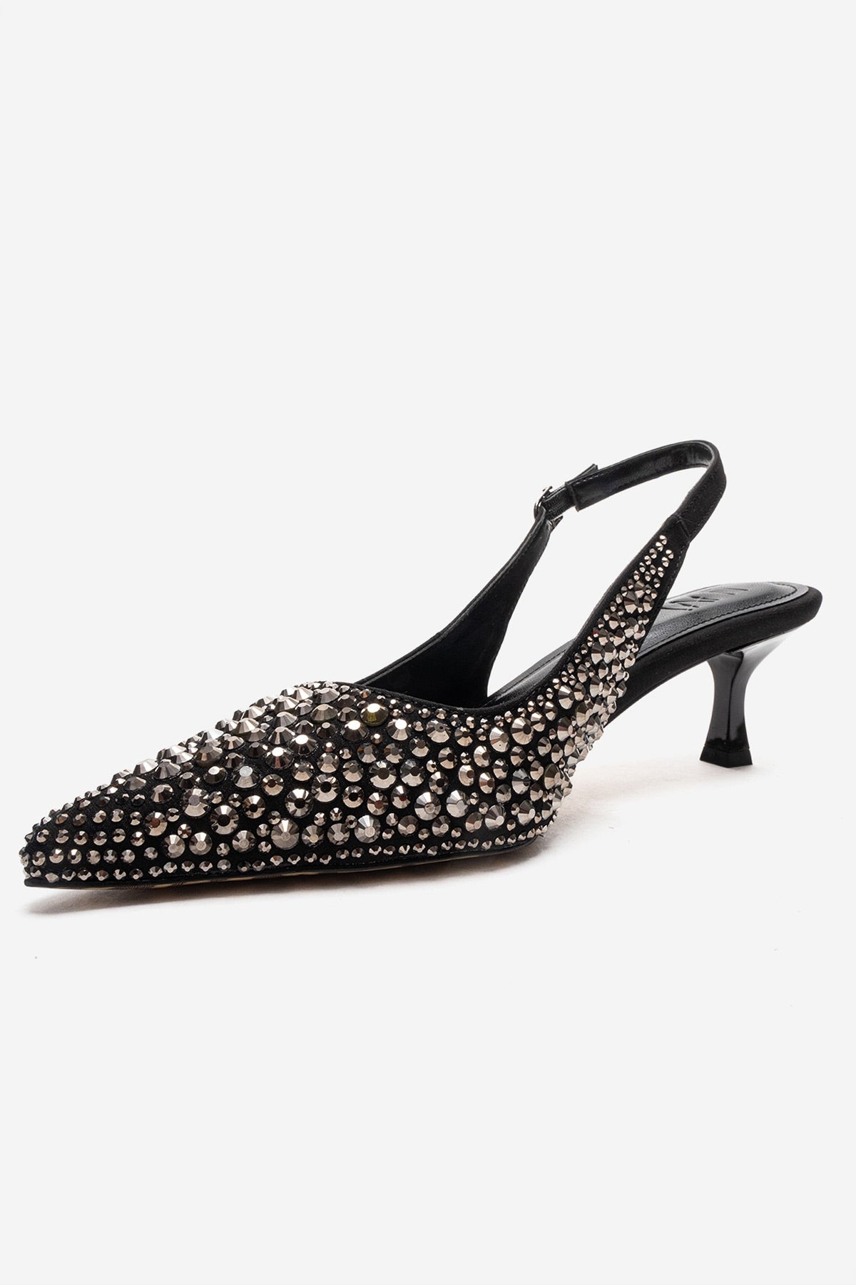 THEA - Black Genuine Leather Platinum-Crystal-Embellished Kitten Heel (Women)