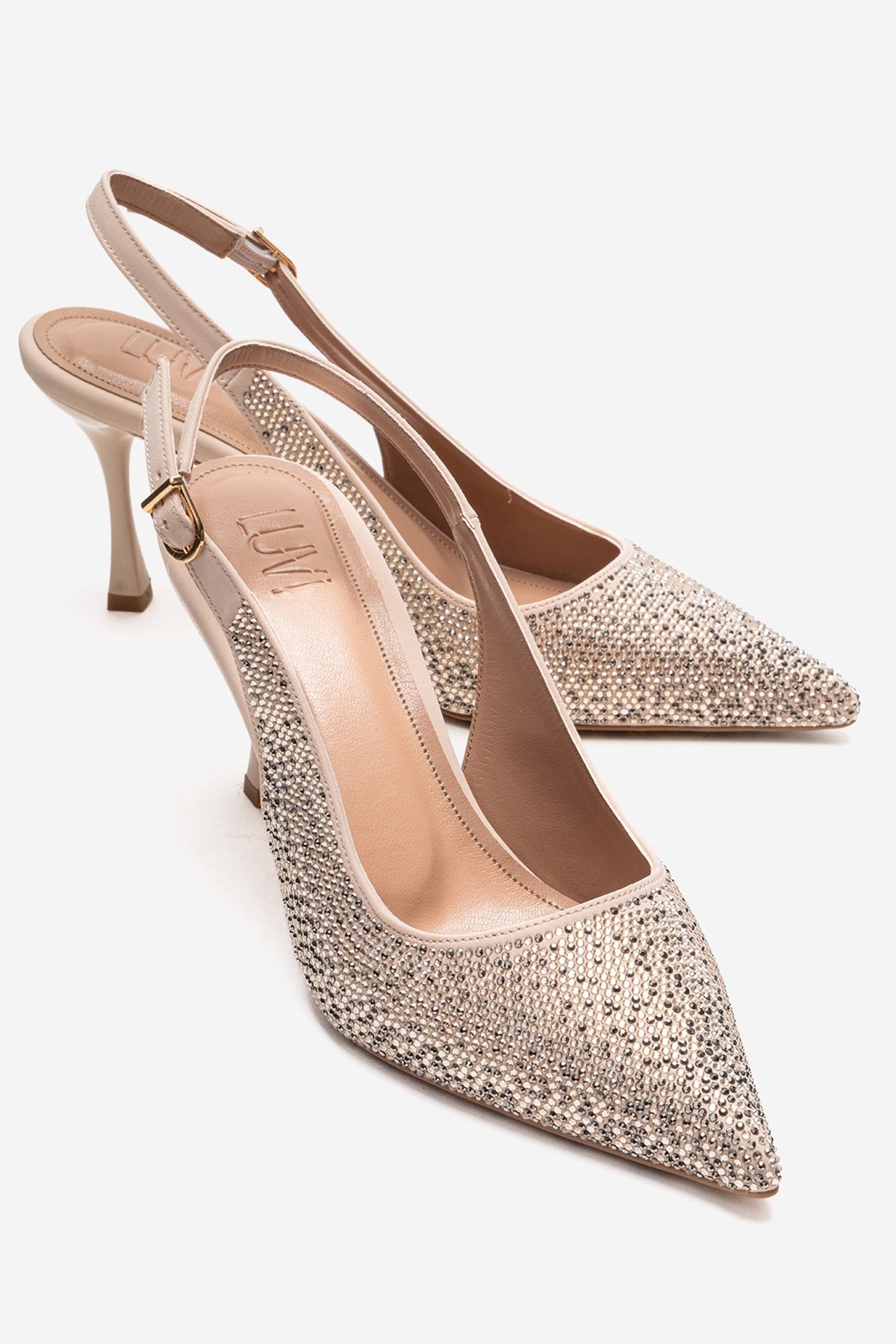 JOHANNA - Nude Genuine Leather Gold-Crystal-Embellished Stiletto Pump (Women)