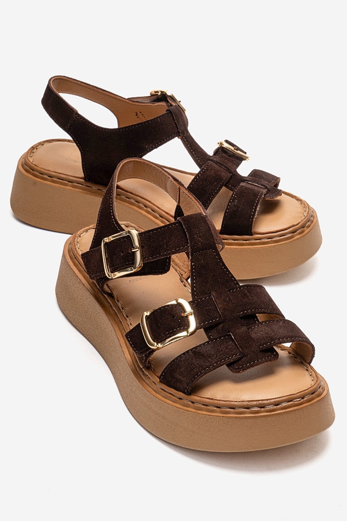 LOIN - Brown Genuine Suede Leather Buckled Sandal (Women)