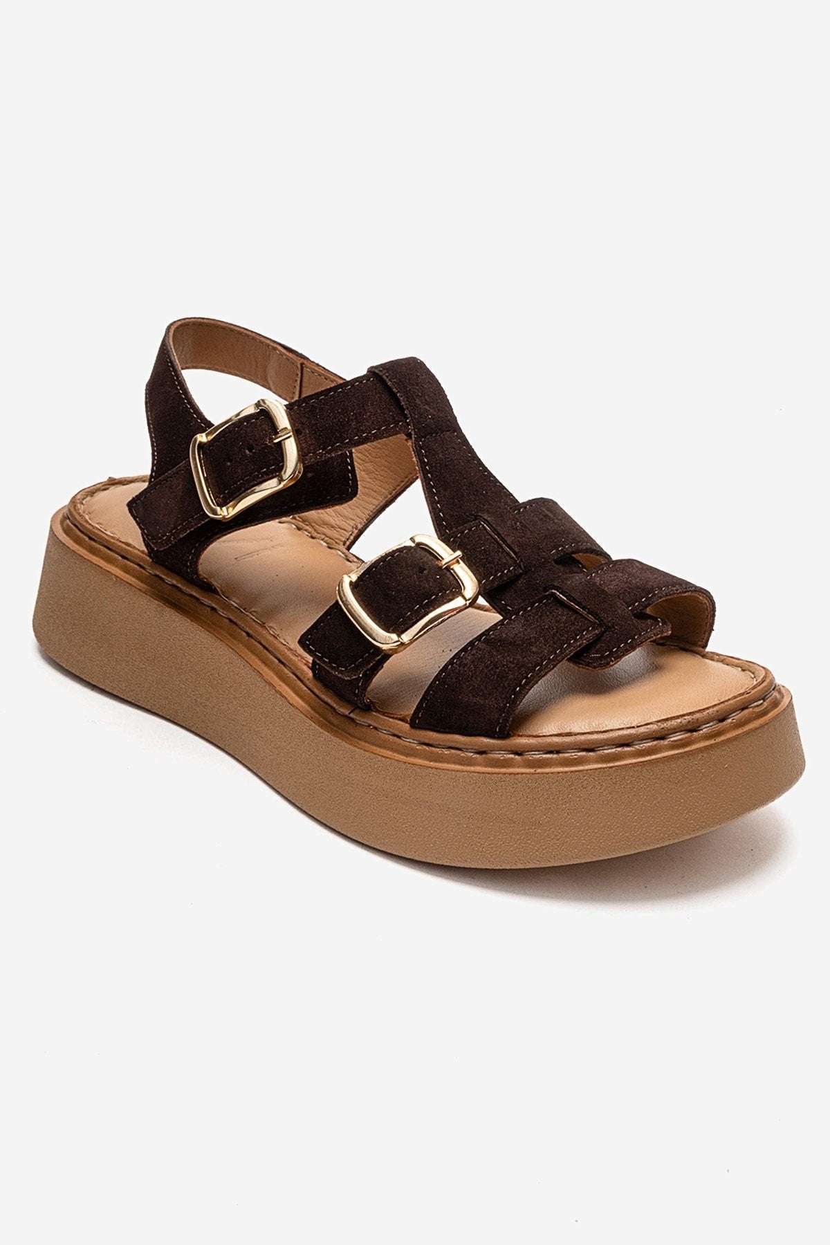 LOIN - Brown Genuine Suede Leather Buckled Sandal (Women)