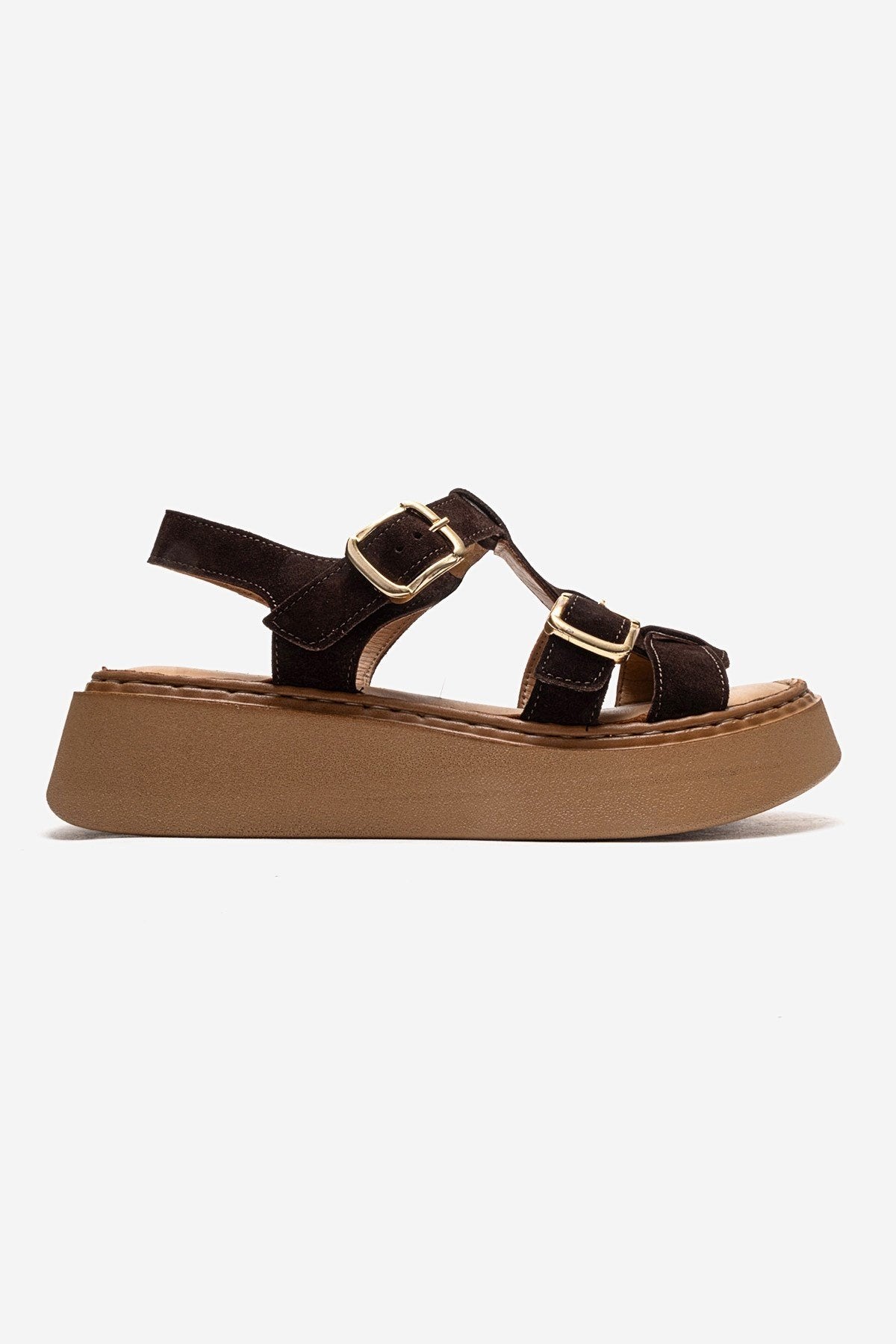 LOIN - Brown Genuine Suede Leather Buckled Sandal (Women)