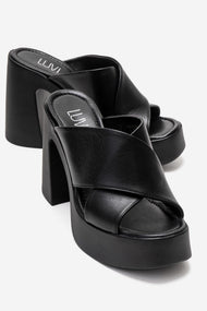 Essenza - Black Genuine Leather Platform Block Heel Mule (Women)