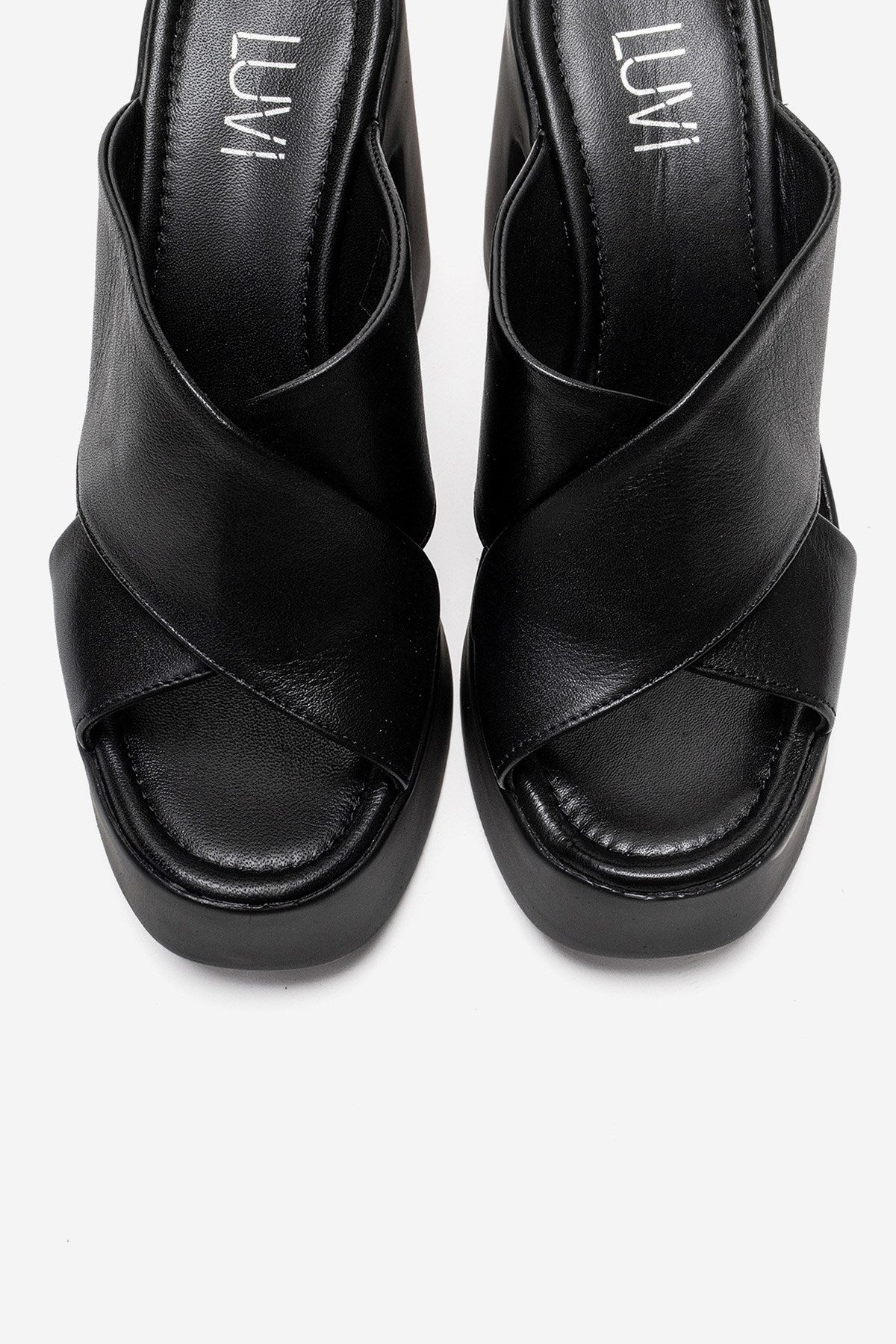 Essenza - Black Genuine Leather Platform Block Heel Mule (Women)