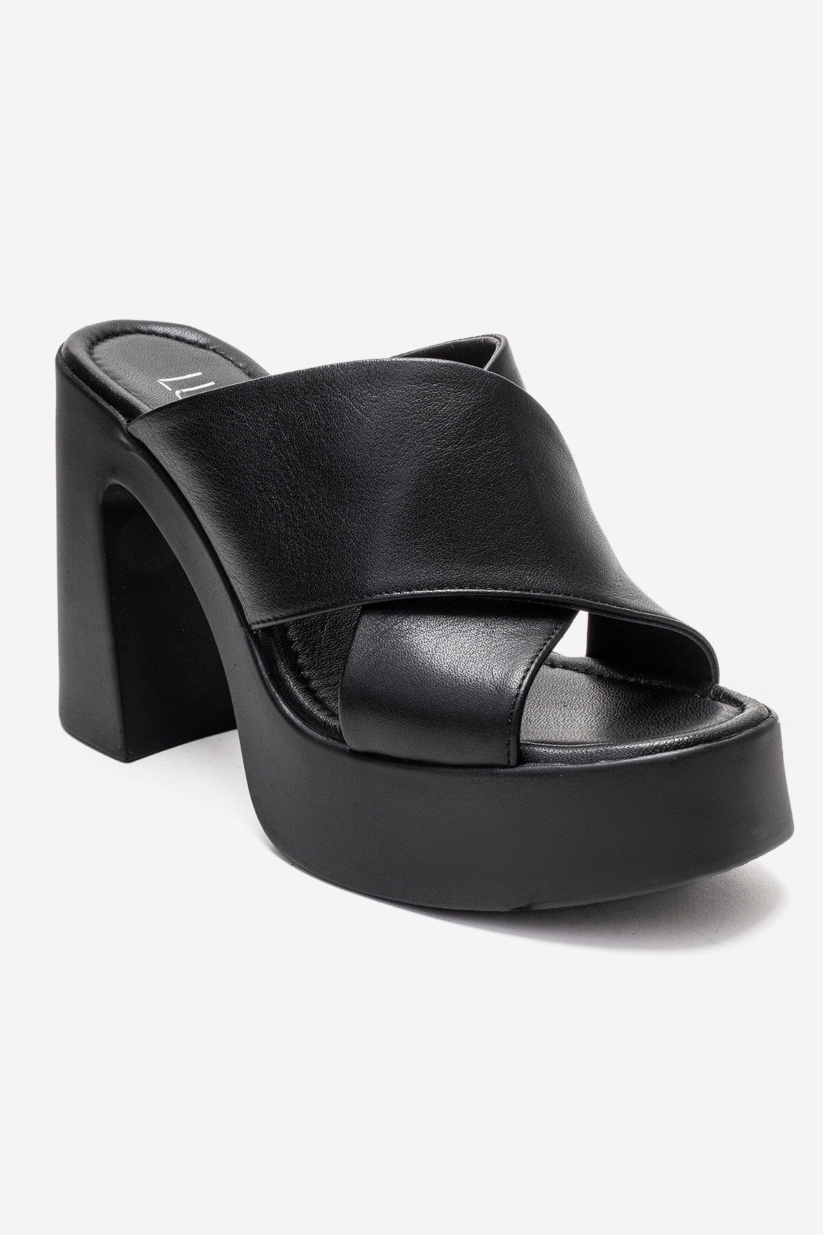 Essenza - Black Genuine Leather Platform Block Heel Mule (Women)