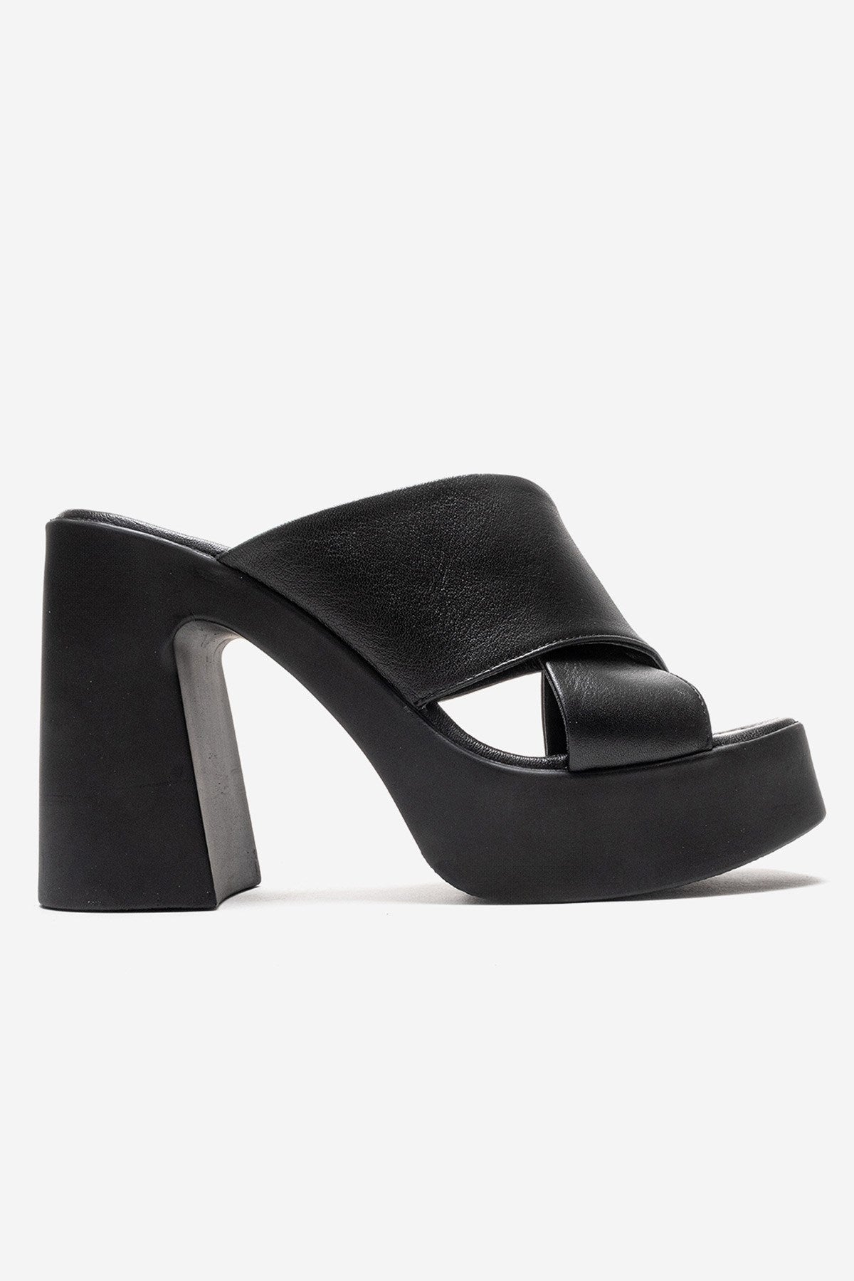 Essenza - Black Genuine Leather Platform Block Heel Mule (Women)