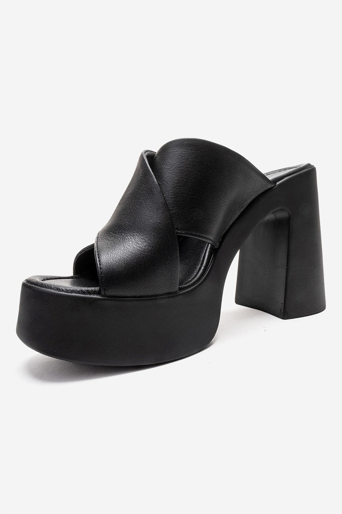 Essenza - Black Genuine Leather Platform Block Heel Mule (Women)