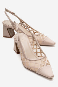 ALVERON - Beige Satin Mesh Detail Block Heel Pump (Women)
