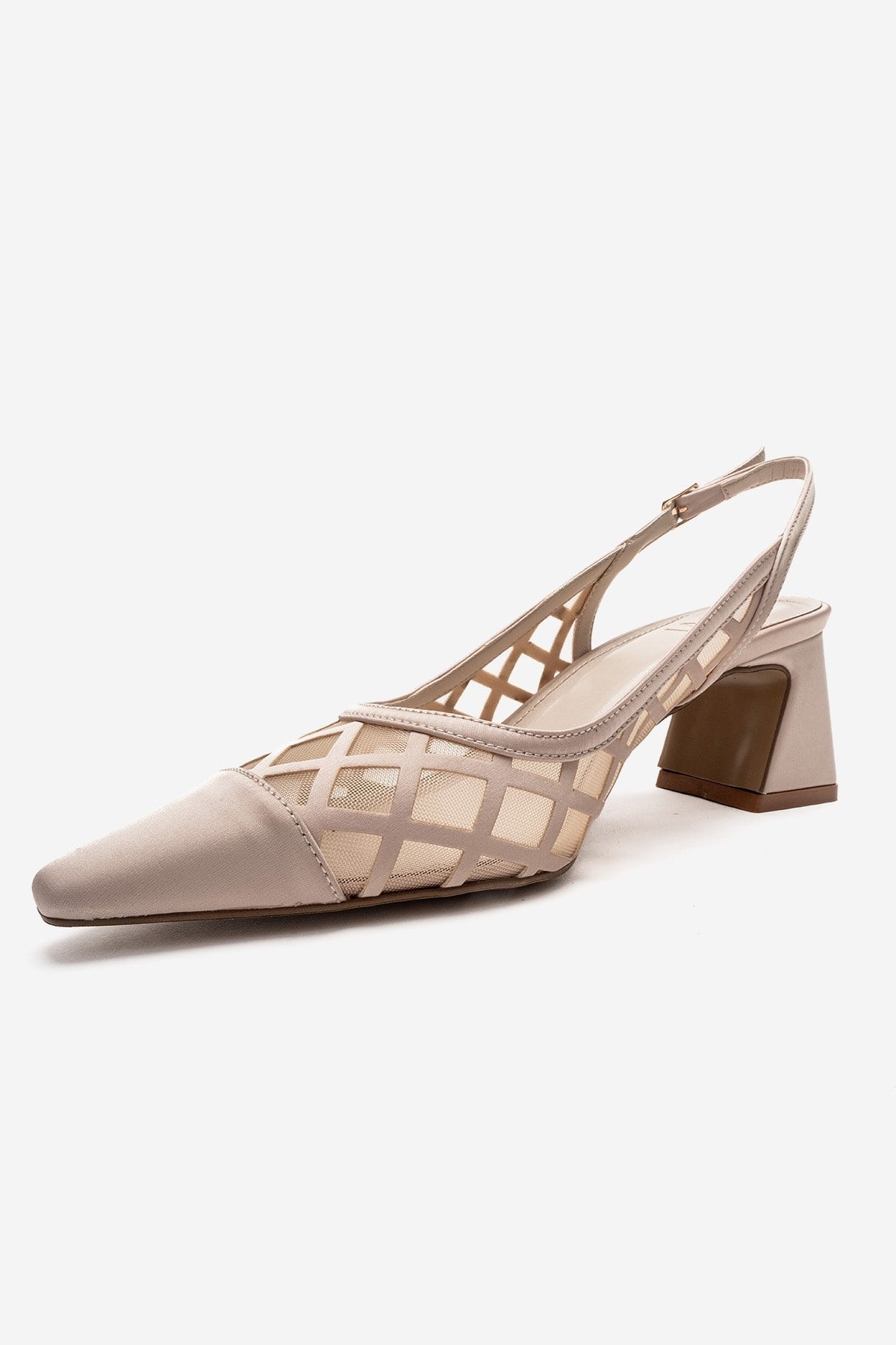 ALVERON - Beige Satin Mesh Detail Block Heel Pump (Women)