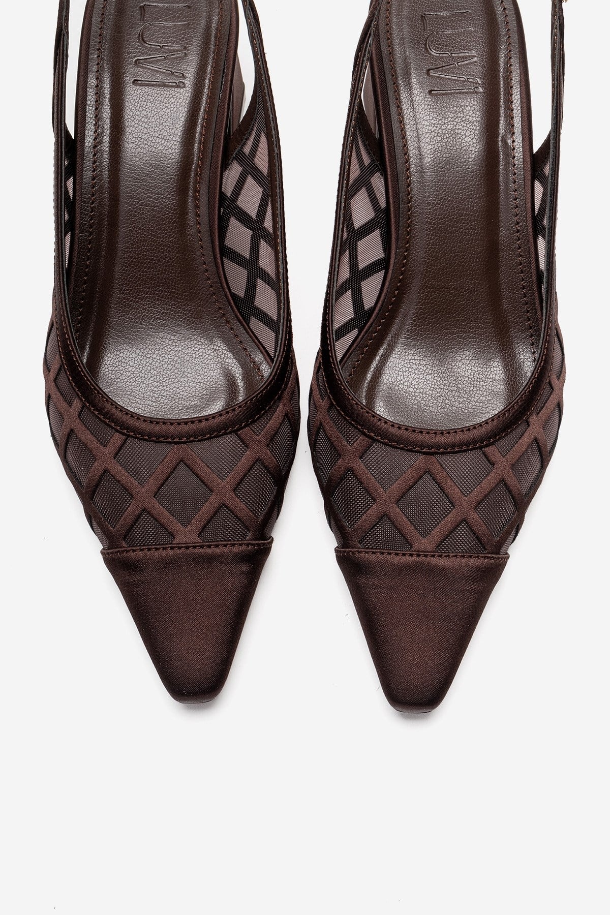 ALVERON - Cognac Satin Mesh Detail Block Heel Pump (Women)